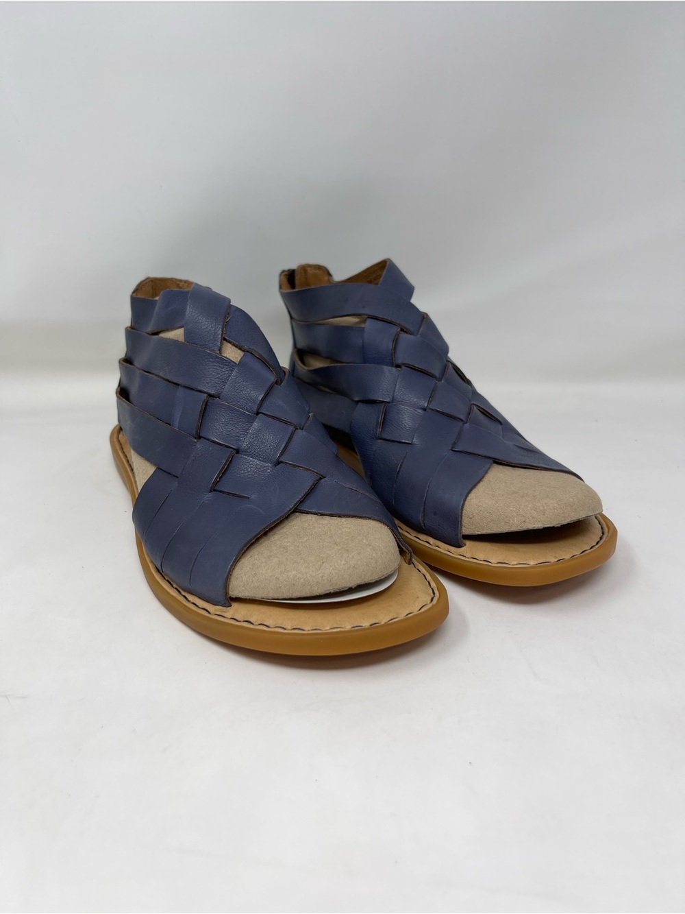 Born Navy Woven Leather Open-Toe Sandals with Tan Soles